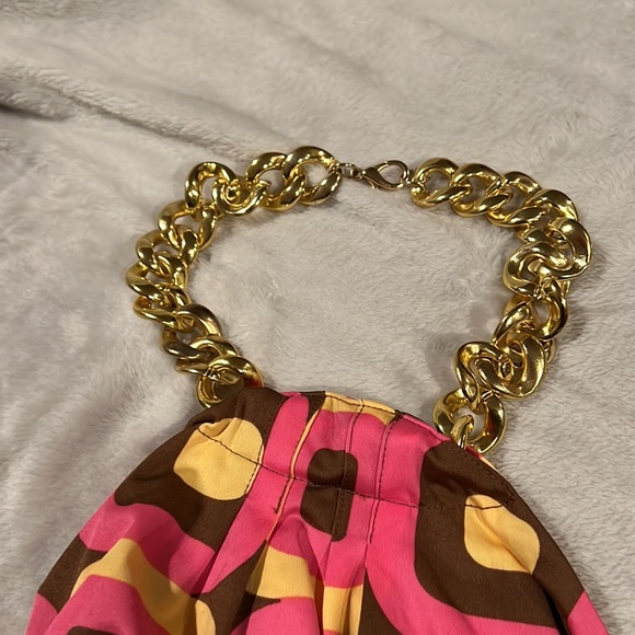 INC size large brown, pink, and yellow halter gold chain accent at neck - Picture 3 of 5